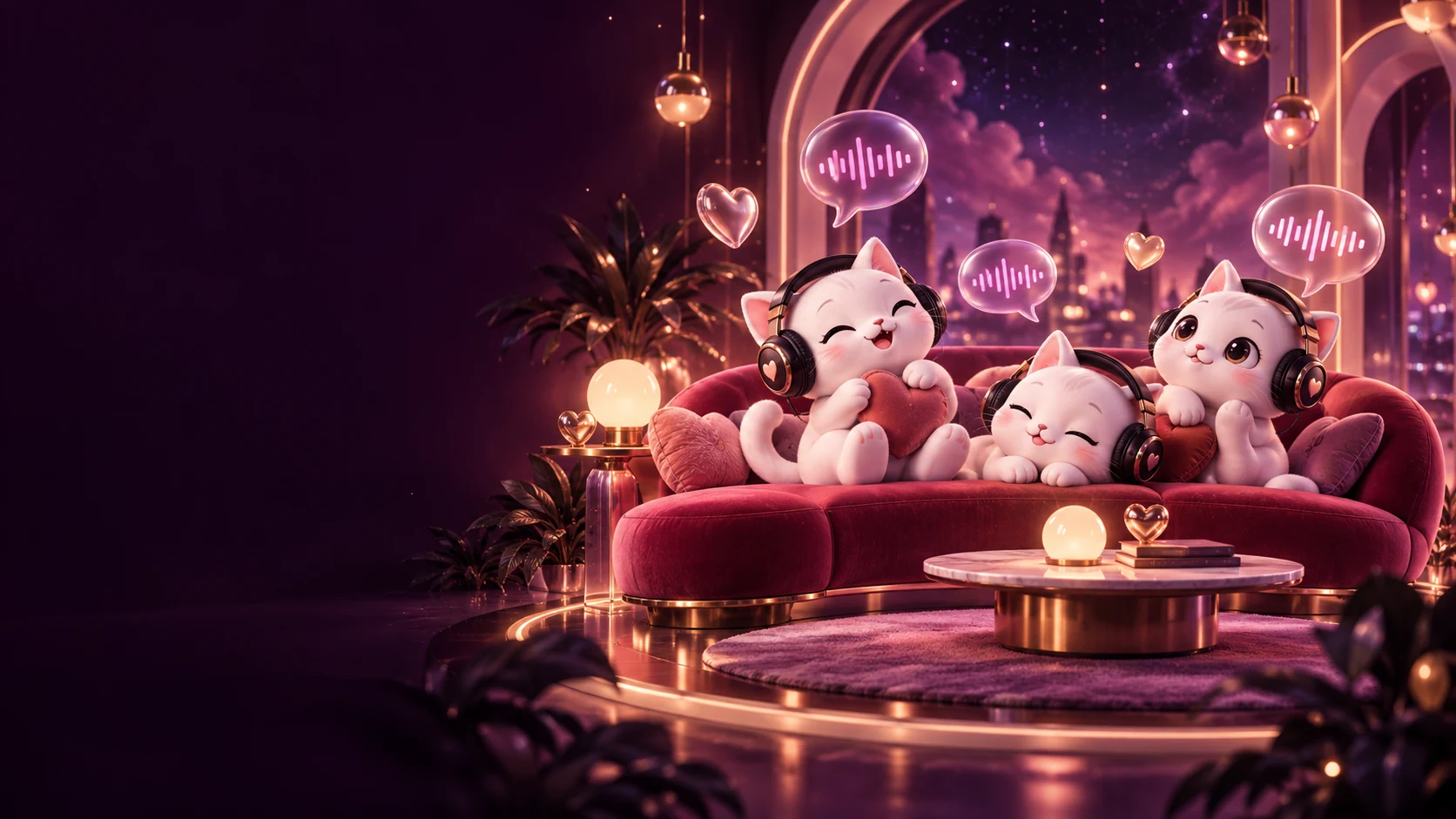 Minh họa những chú mèo đeo tai nghe cùng trò chuyện trong phòng 12Vibe